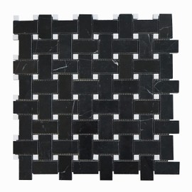 Nero Marquina Black Marble 1x2 Basketweave Mosaic Tile with White Dots Polished Kitchen Shower Bathroom Wall and Floor Backsplash