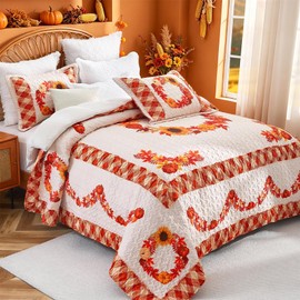 Cmfshape King Size Quilt Set Thanksgiving,Fall Pumpkin Pattern Printed Bedding Set,Reversible Plaid Bedspread Coverlet 3PCS,Home Decor for Halloween(Orange,106x96)