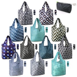 BeeGreen Reusable Grocery Bags Lightweight Durable Shopping Bags Washable Foldable 12 Pack Xlarge Classic Geometric Design Gift Tote Grocery Bags with Elastic Band and Separated Zipper Storage Pouch