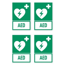 Stickers: 150 x 100 mm, Pack of 4 – Automated External Defibrillator (AED) – Rescue Sign with Text (German) (Green/White) – Vertical – E010 – DIN EN ISO 7010 / ASR A1.3