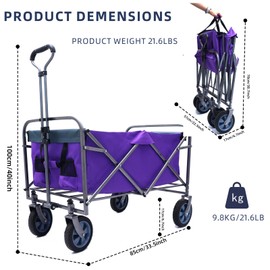 Canvas Wagon with Wheels Foldable, Collapsible Folding Wagon Utility Cart Foldable Heavy Duty All Terrain Wagon for Outdoor, Camping, Beach, Garden, Grocery (Purple Upgrade)