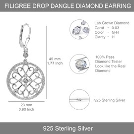 LeCalla 925 Sterling Silver Drop Earrings Light Filigree Heart Knot Tear Earring for Women, Sterling Silver, Diamond