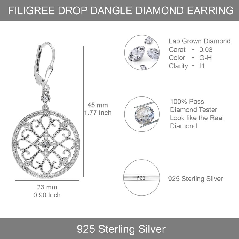 LeCalla 925 Sterling Silver Drop Earrings Light Filigree Heart Knot