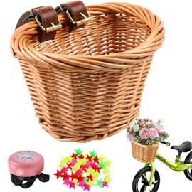 FSWWSF Children's Bicycle Basket Removable Basket Children's Bicycle Handlebar Basket Bicycle for Children with Leather Straps and Spokes, Bells Wicker Basket Children