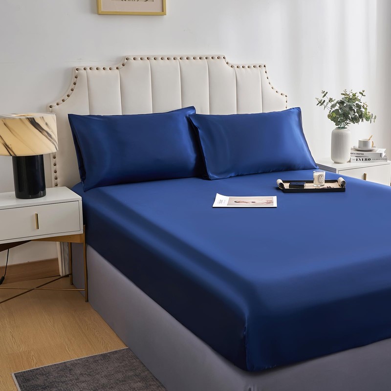 DuShow Satin Fitted Sheet King Navy Blue,Silky Deep Pocket Satin