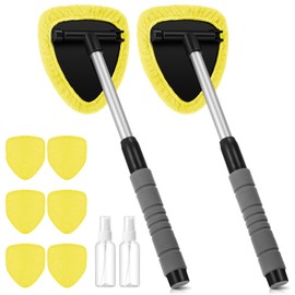 Baderke 10 Pcs Windshield Cleaner Tool Car Window Cleaning Supplies with Extendable Handle Include 6 Washable Microfiber Bonnets 2 Empty 60ml Spray Bottle Glass Wiper Kit(Yellow)