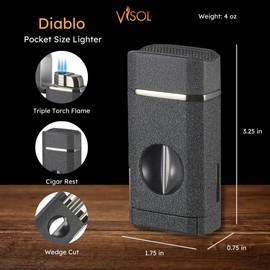 Visol Diablo Butane Torch Triple Flame Refillable Gas Lighter, Built in Cutter, Built in Holder, Windproof Adjustable Flame Lighter (Shipped Without Butane) (Black)