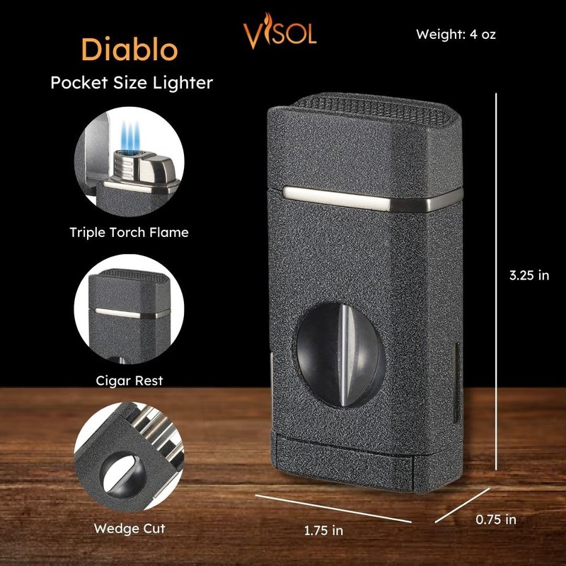 Visol Diablo Butane Torch Triple Flame Refillable Gas Lighter, Built