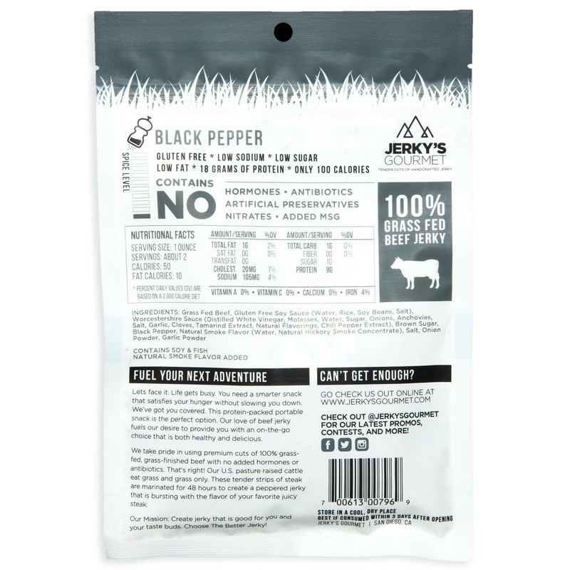 Black Pepper Grass Fed Beef Jerky - 100 Calorie Snacks,