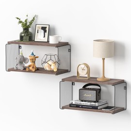 Adowes Floating Nightstand 2 Pack Metal Geometric Modern 2 Tier Nightstand for Wall Minimalist Floating Bedside Tables Bedroom Side Table Bedside Shelf Small Night Stand Weathered Walnut