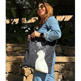 Loxato Printed Cat Fabric Bag with Zip - Aesthetic Bag - Fabric Bag with Zip - Jute Bag Cat - Fabric Bag Aesthetic, Cat Love 1