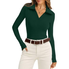 WIHOLL V Neck T Shirts for Women Polo Shirts Dressy Business Long Sleeve Tops Golf Clothes Dark Green L