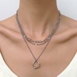 Allereya Vintage Layered Circle Pendant Necklace Matte Circle Choker Necklace Silver Eternity Circle Necklace Punk Paperclip Chain Necklace Jewelry for Women and Girls