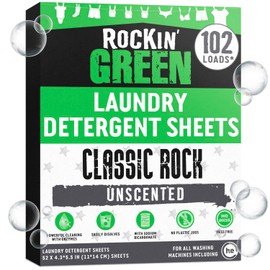 Rockin' Green Travel Laundry Detergent Sheets Unscented - Mess-Free Laundry Sheets Detergent Powerful Cleaning with Sodium Bicarbonate - Easily Dissolvable Laundry Soap Sheet (102 Loads, Unscented)