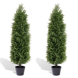 I.C.ELAINE 4ft Artificial Cedar Topiary Trees Set of 2 – UV Resistant Fake Evergreen Potted Outdoor Plants, Faux Cypress Pine Bushes & Shrubs for Porch Patio Front Door Planter Decor (48" Tall/4 Feet)