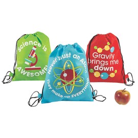 Fun Express Science Party Drawstring Backpacks (12 Pieces) Party Favor Bags, Science Camp Accessories, Science Party Supplies For Kids