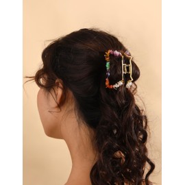 MINACHI Boho Hair Claw with Mixed Colorful Stone Chips, Handmade Gold Tone Hair Clip for Women
