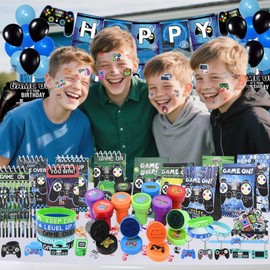 PATEMZON Video Game Party Bags, 128 Pieces Children's Birthday Party Favours with Gift Bags, Bracelets, Notebook, Stamp, Key Ring, Pencil, Stickers, Video Games Gifts
