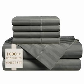 Casa Platino 100% Egyptian Cotton Sheets Queen Size Set - 6 Pieces - Damask Stripe - 1000 Thread Count - Ultra Smooth Sateen Weave Bed Sheets Set with 15" Deep Pockets - Dark Grey