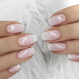 MISUD Press on Nails Mediun Coffin Fake Nails Glossy Glue on Nails Ombre Acrylic Nails Ballerina Natural Gradient Artificial Nails Nude White False Nails with Design 24 pcs