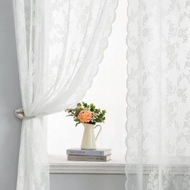 MIULE White Semi Sheer Lace Curtains 84 Inches Long for Bedroom, Embroidered Farm House Tulle European Retro Style, Grommet, 2 Panel Sets