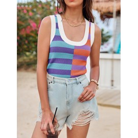 Yousify Striped Shirt Women Ribbed Tank Tops for Women Cropped Knit Scoop Neck Shirts Summer Casual Basic Tanks S