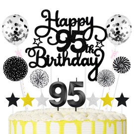 95th Geburtstag Kuchen Dekoration Kuchen Toppers Schwarz Zahl Kerzen Birthday Torten Dekoration Sternen Papierfächer Ballon Torte Toppers Kuchendeko für 95. Geburtstag Dekorationen Party Zubehör