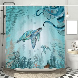 Sea Turtle Shower Curtain, Teal Blue Ocean Beach Coastal Turtle Octopus Shower Curtain Set, Underwater Animal Jellyfish Seashell Nautical Shower Curtain with Hooks, Fabric Waterproof 72x72 inch