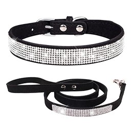 Black Bling Puppy Collar and Leash Set, Pretty Diamond Rhinestone Cat Collar Fancy Crystal Glitter Jewel Girl Kitten Collars for XXS XS Small Medium Female Pet Dogs, XXSmall