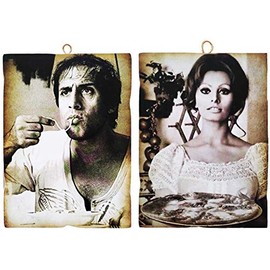 KUSTOM ART Set of 2 Vintage Style Famous Actors - Adriano Celentano and Sofia Loren - Wooden Print for Restaurants, Pizzeria, Tractory, Bars, Hotels, Locanda