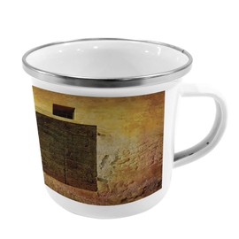 Ambesonne Rustic Steel Camping Mug, Historical Italian Door of Stone House Mediterranean Picturesque Heritage, Printed Thermal Cup for Camping and Outdoor Activities, Amber Brown