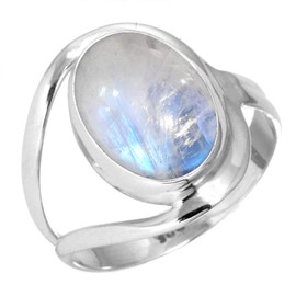 Jeweloporium White Natural Rainbow Moonstone 925 Sterling Silver Ring for Women Gemstone Cocktail Silver Ring Size T New Year Gift Victorian Jewelry