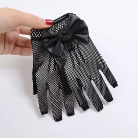 Kingsie Gloves, Children's Dress Gloves, Mesh Girls, Bridal Gloves, Thin, Lace Mesh, Cute, Bowknot Included, Stylish, Black, White, Mesh Gloves, Accessories, Black