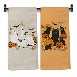 WARDOS Halloween Black Cat Kitchen Towels, Halloween Pumpkin Ghost Black Kitten Decorative Hand Towels for Bathroom Kitchen, Cat Lover Gifts Dish Tea Towel Drying Cloth, 16x24 Inch Set of 2