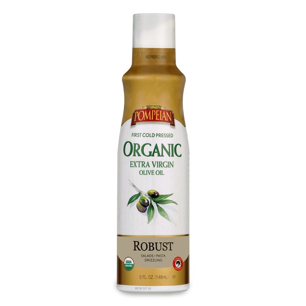Pompeian USDA Certified Organic Extra Virgin Olive Oil Non-Stick Cooking Spray, Full-Bodied Flavor, Perfect for Salads and Pasta Drizzling, Naturally Gluten Free, Non-Allergenic, Non-GMO, No Propellants, 5 FL. OZ., Single Bottle