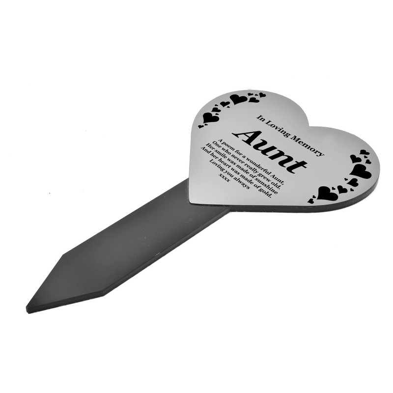 AUNT Heart Memorial Remembrance Plaque Stake - Silver Acrylic, Waterproof,