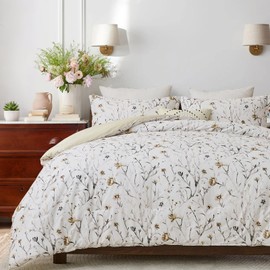 Finlonte 100% Long-Staple Cotton Comforter Set King Size, Reversible Fluffy Comforter Bedding Set for King Bed, Botanical Floral Pattern Quilted Lightweight Comforter, 90"x104", 3pcs, Khaki Gray