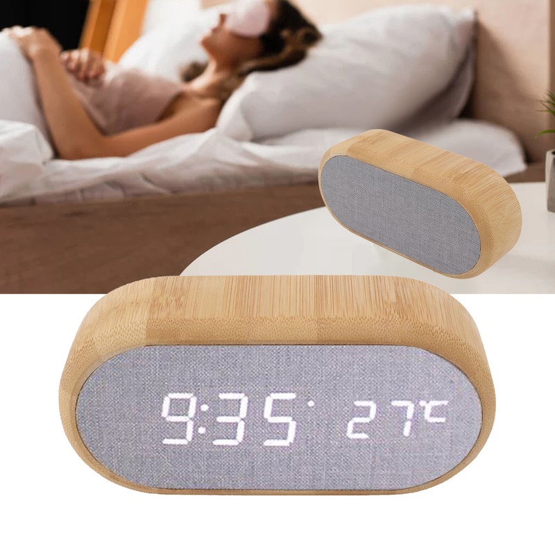 Wooden Alarm Clock Digital Voice Control LED Glowing USB Plug