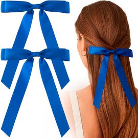 YALOJE 2pcs Large Bows Hair Clip, Long Tail Double Layer Hair Bow Alligator Clip, Non-Slip Satin Ribbon Bowknot Hair Barrettes for Women Daily, Weddings, Parties - Royal Blue