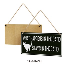 SENJIAN Rustic Cat Lovers Wood Decor Sign, What Happens in the Catio Stays in the Catio Printed Wood Sign Wall Art, Hanging Door Sign, Decorative Wood Sign Home Decor 12" x 6"