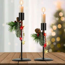 Christmas Candle Holder,Metal Black Candlestick Holders Set of 2 with Pine Cones Decorations,for Christmas Table Centerpieces