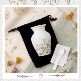 Vicenpal Mini Urns for Human Ashes Set with 2 x 3 Inch Urns, Velvet Bag and Spoon, Metal Keepsake, Wildflower Pattern Memorial Urn Adult Female for Cremation, Funeral, Burial & Home Display