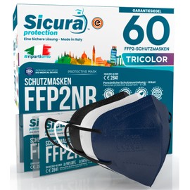 60 FFP2 Masks, CE Certified, Coloured Black, White and Blue (20+20+20), Made in Italy, BFE ≥99%, Individually Sealed Sanitized Mask, EN 149:2001+A1:2009