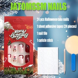 24Pcs Christmas Press on Nails Short Square Fake Nails Red French Tips Nails Press on with Elk Christmas Hat Design Glossy False Nails Acrylic Nails Full Cover Christmas Nail Art Kits for Women Decor