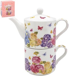LESSER & PAVEY Ceramic Tea for One Single Serve Tea Set Butterfly Blossom Floral Pink Design