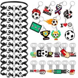 Henoyso 72 Pieces Soccer Party Favors Set Soccer Ball Keychains with Adjustable Bracelets Set Sports Themed Charm Key Chains Bracelets Gifts for Sports Game Party Favors Birthday Supplies