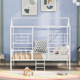 MERITLINE House Bed Twin Size Kids Bed Frame Metal Platform Bed Frame, No Box Spring Needed, for Girls Boys - White