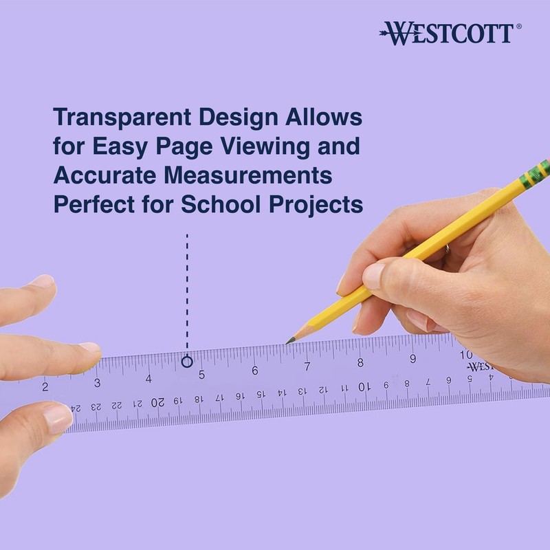 Westcott Acrylic Clear Ruler, Easy-to-Read Markings, Scratch-Resistant Design, Raised Beveled