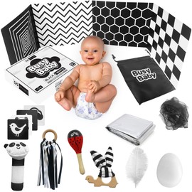 DS Brands Black and White Sensory Toys for Babies - Sensory Baby Toys 0-6 Months - Ribbon Ring, Scarf, Sensory Board, Cards, Maracas, Foil Blanket-Newborn Girl Boy Christmas Stocking Filler Gift Box