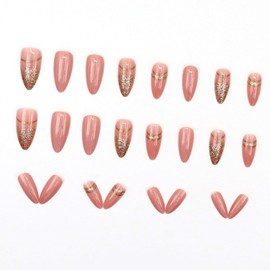 French Tip Press on Nails Fake Nails with Line Gold Powder Flakes Gradient Design Sparkly Full Cover Acrylic Nails Glossy Gold Glitter Medium Almond Shape False Nails Stick on Nails for Women 24Pcs